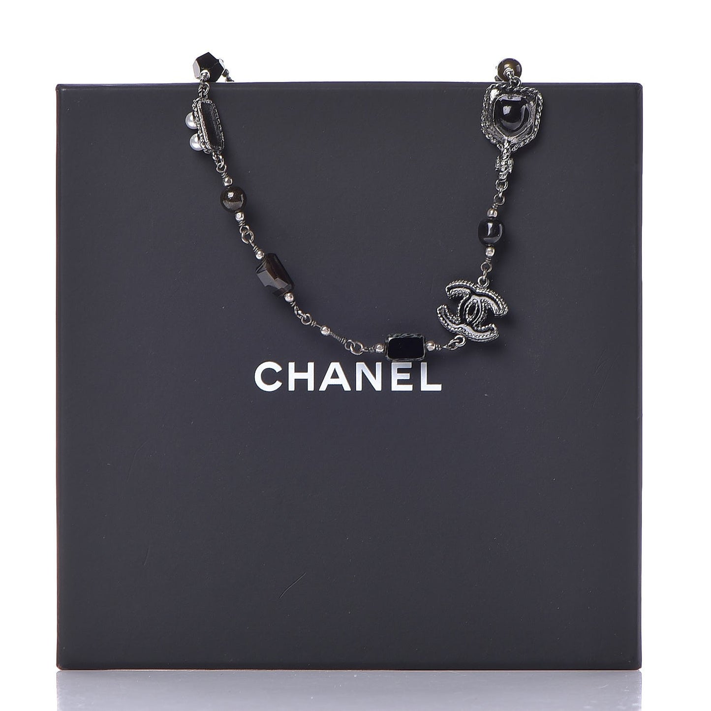 Pearl Enamel Bead CC Necklace Ruthenium Black Silver