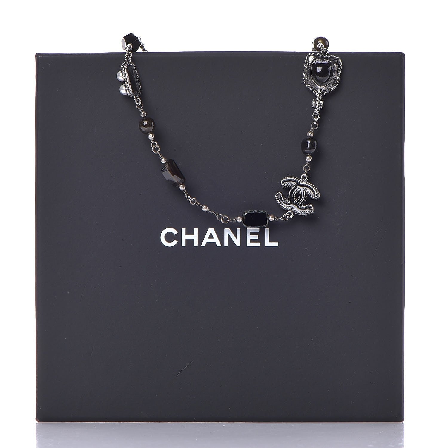 Chanel Pearl Enamel Bead CC Necklace Ruthenium Black Silver 8 of 8