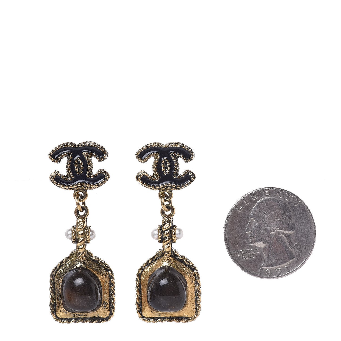 Gripoix Pearl Resin CC Dangle Earrings Gold Black