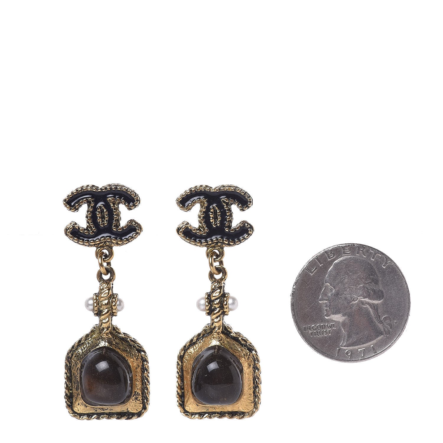 Chanel Gripoix Pearl Resin CC Dangle Earrings Gold Black 2 of 5
