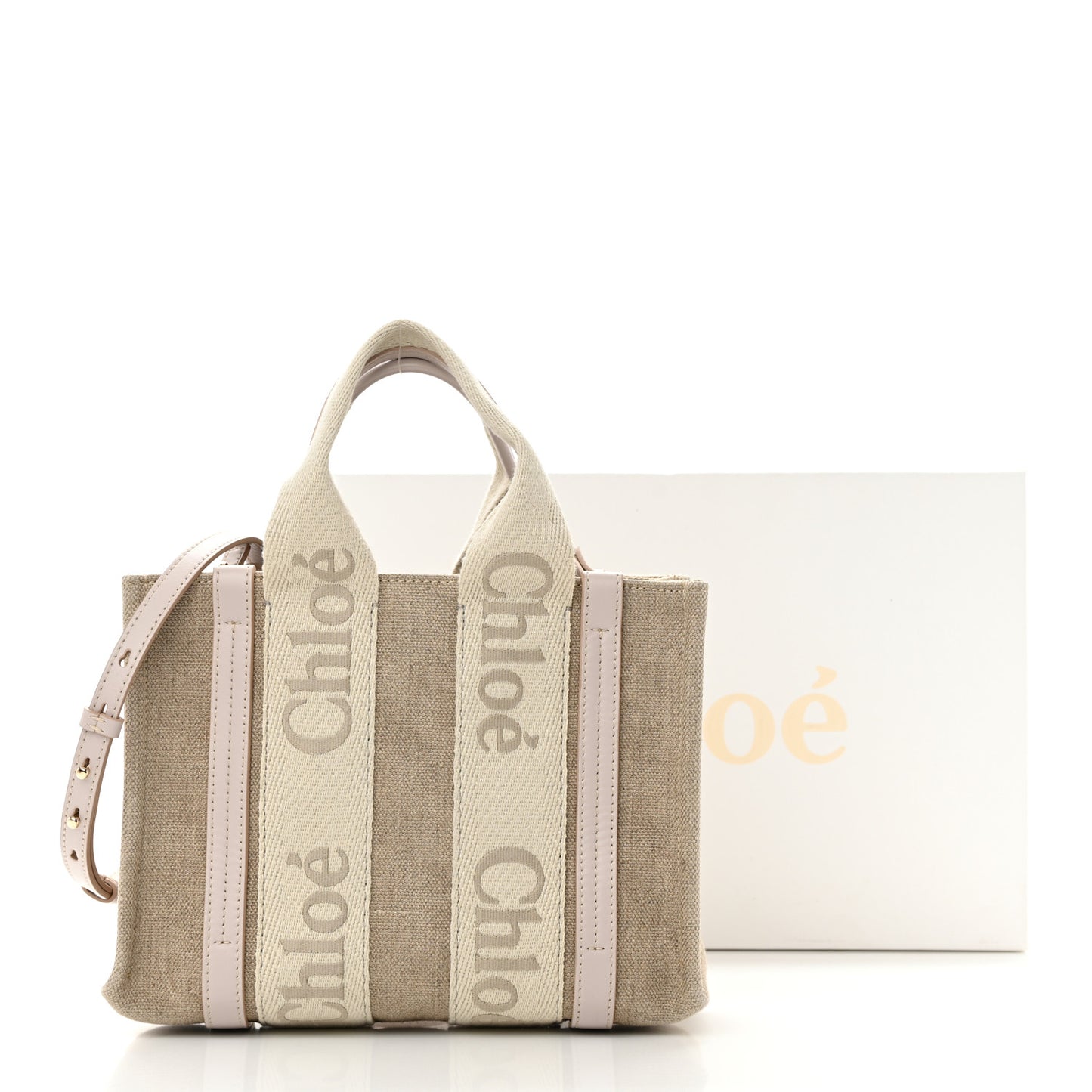 Cotton Calfskin Small Woody Ribbon Tote With Strap Cement Pink