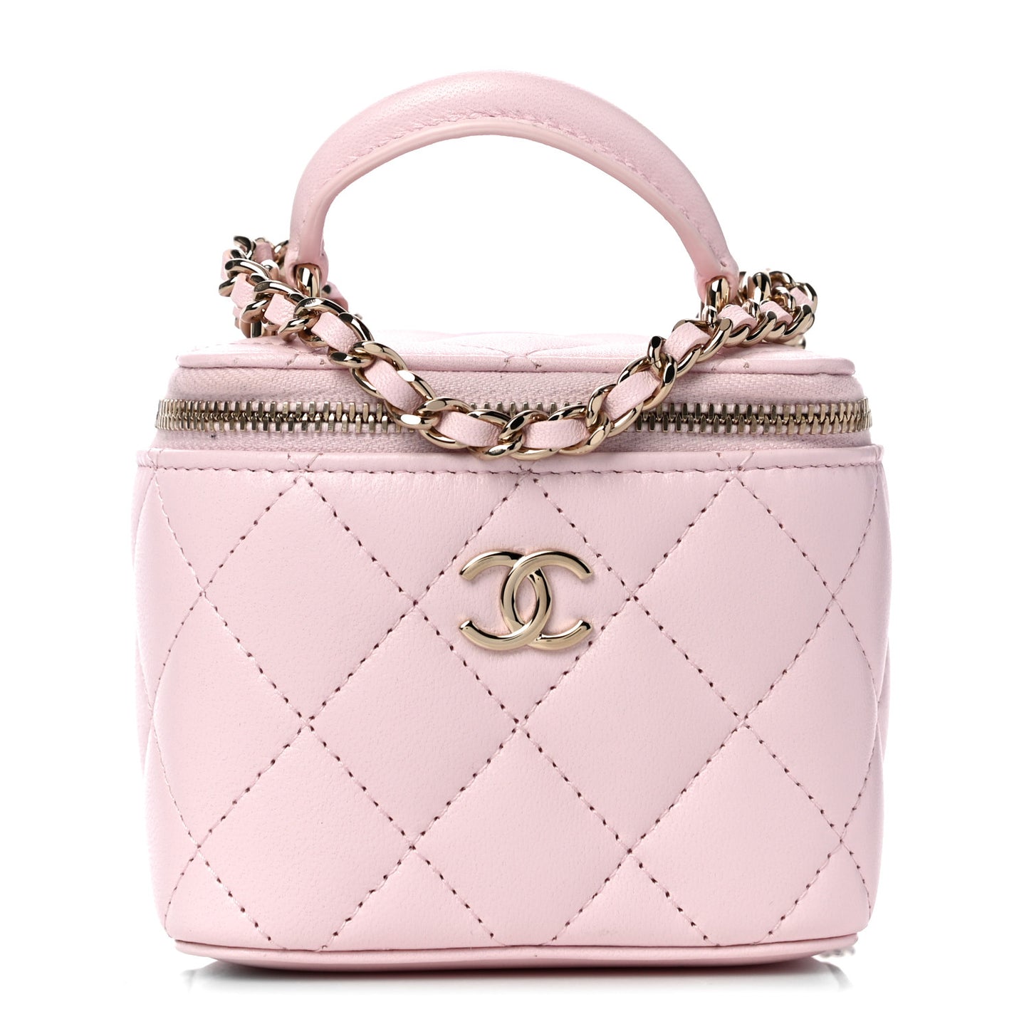 Lambskin Quilted Mini Top Handle Vanity Case With Chain Light Pink
