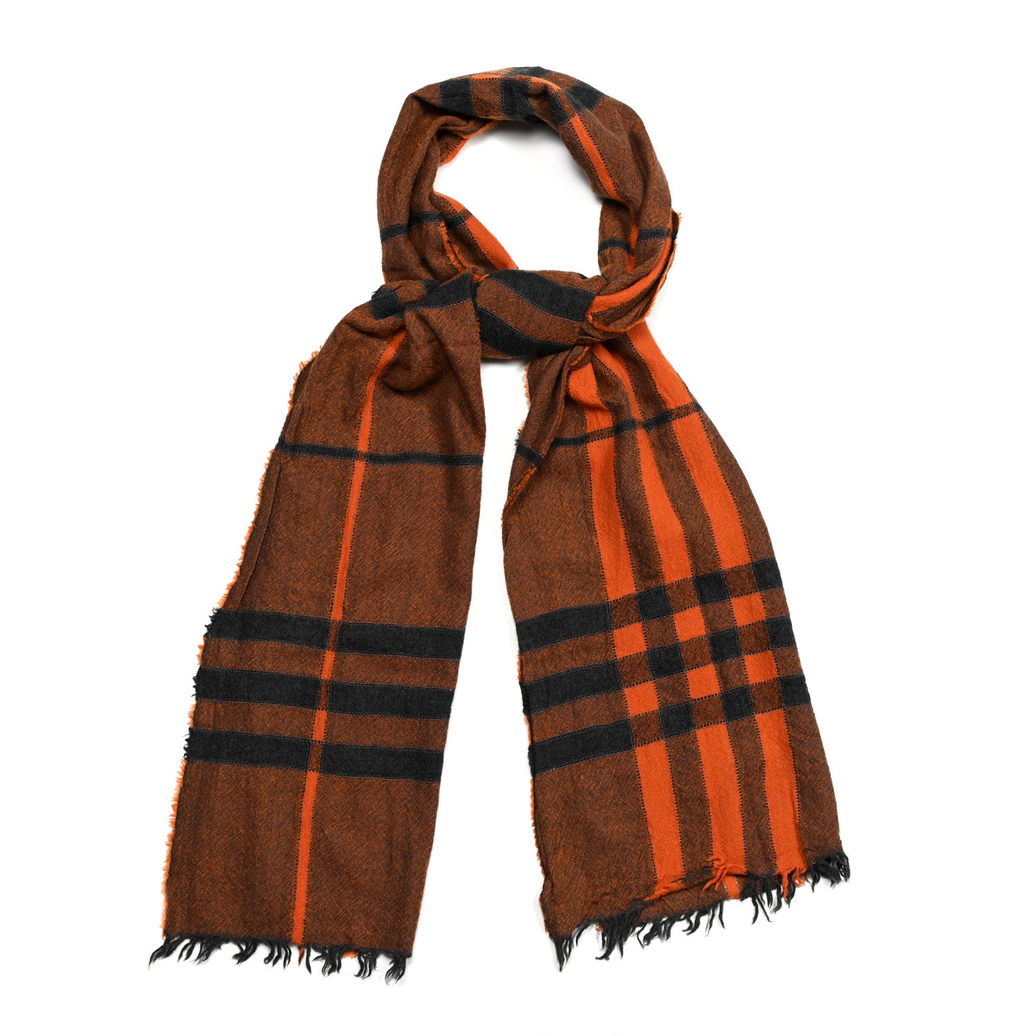 Burberry Wool Cashmere Check Fringe Scarf Orange Black 1 of 5