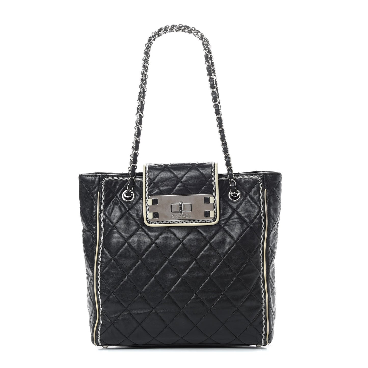 Glazed Lambskin Quilted Large North South Tote Black