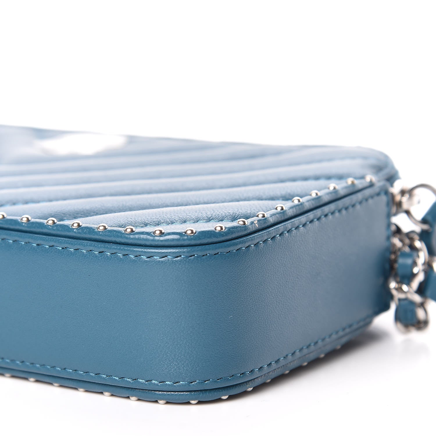 Chanel Lambskin Chevron Quilted Studded Small Clutch With Chain Blue 9 of 14