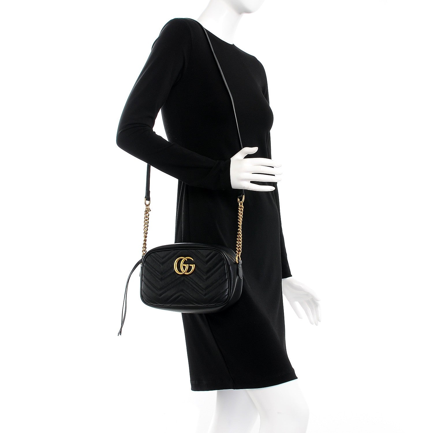 Gucci Calfskin Matelasse Small GG Marmont Chain Shoulder Bag Black 2 of 7