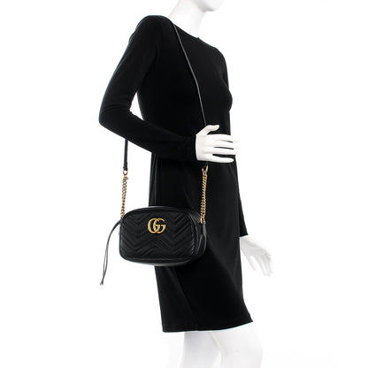 Gucci Calfskin Matelasse Small GG Marmont Chain Shoulder Bag Black 2 of 7