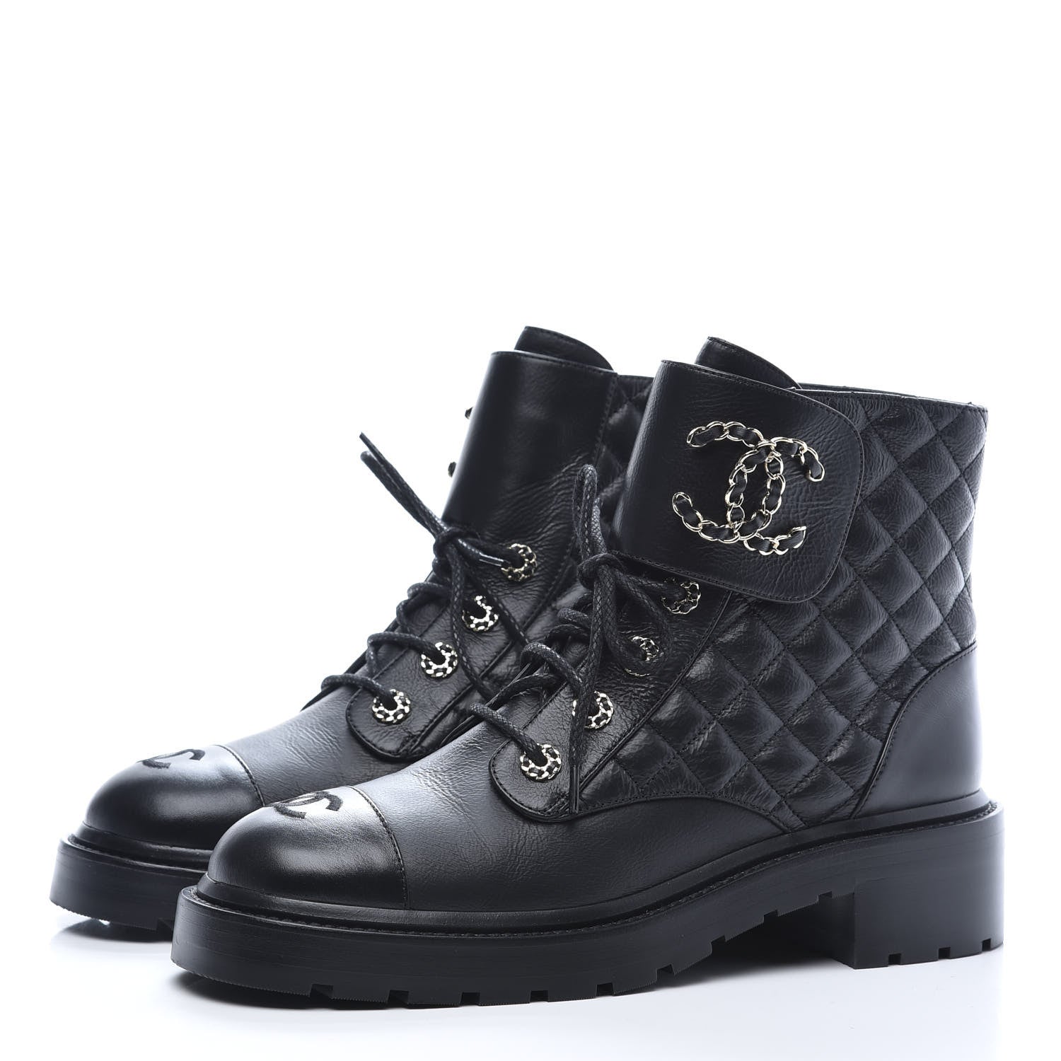 Chanel Shiny Goatskin Calfskin Quilted Lace Up Combat Boots 40.5 Black 3 of 9