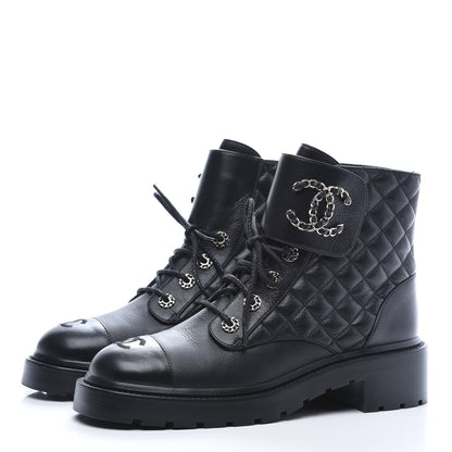 Chanel Shiny Goatskin Calfskin Quilted Lace Up Combat Boots 40.5 Black 3 of 9