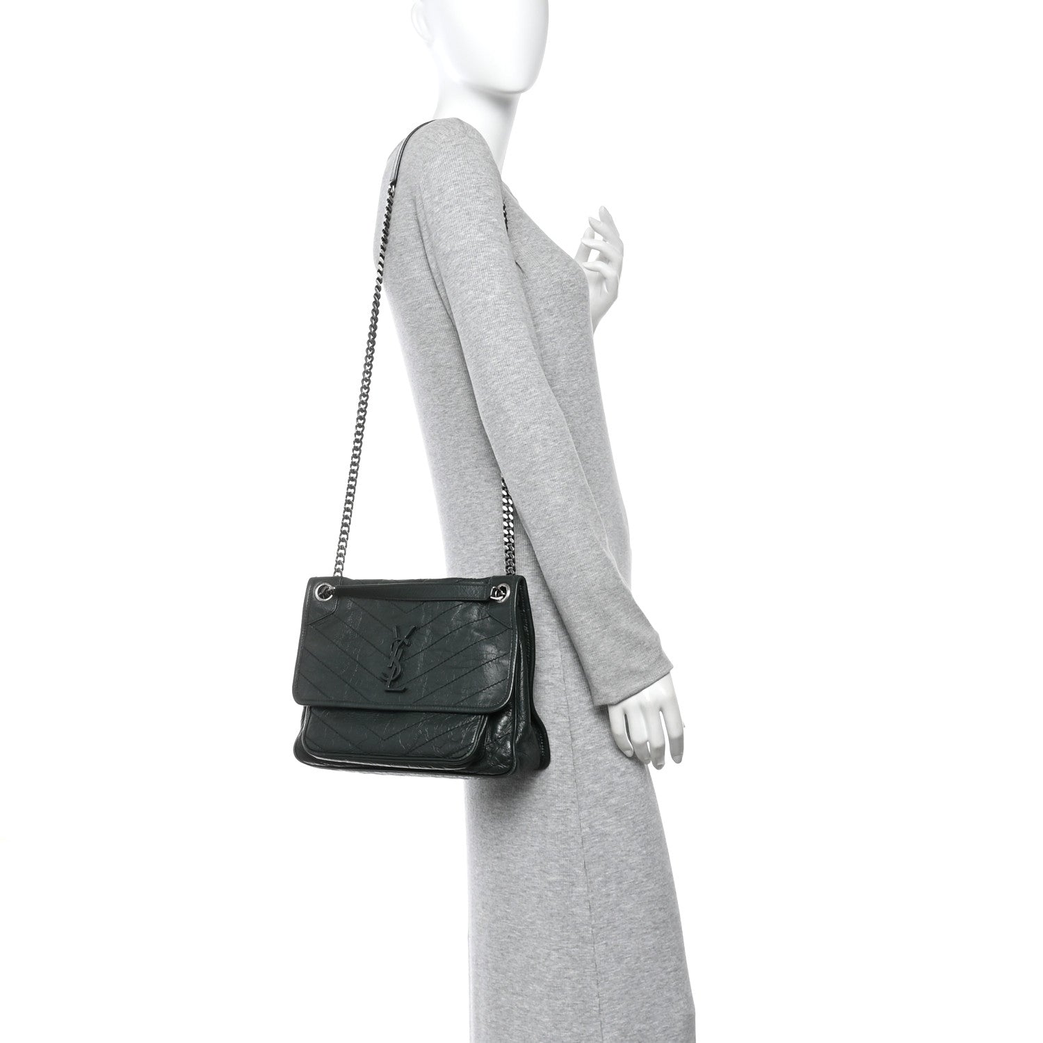 Saint Laurent Crinkled Lambskin Matelasse Monogram Medium Niki Chain Satchel Dark Green 2 of 11