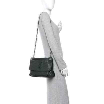 Saint Laurent Crinkled Lambskin Matelasse Monogram Medium Niki Chain Satchel Dark Green 2 of 11
