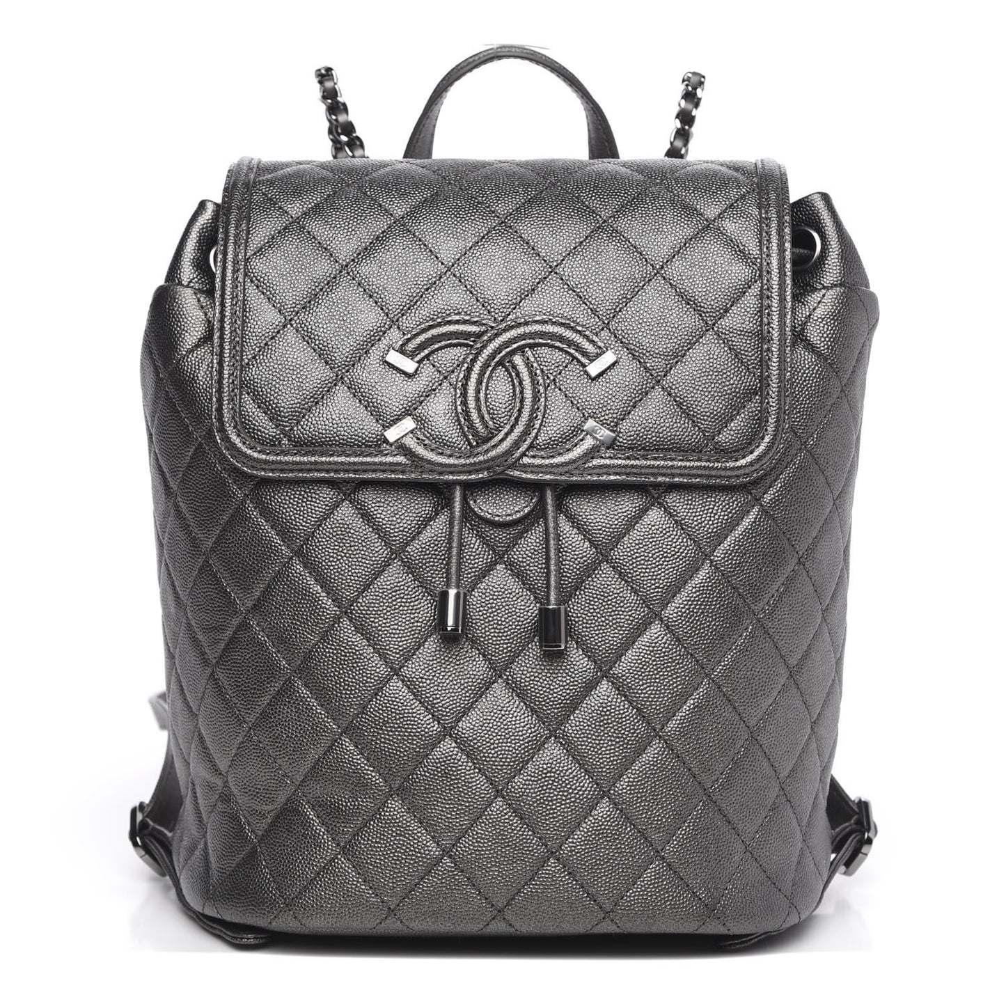 Metallic Caviar Quilted Filigree Backpack Dark Silver