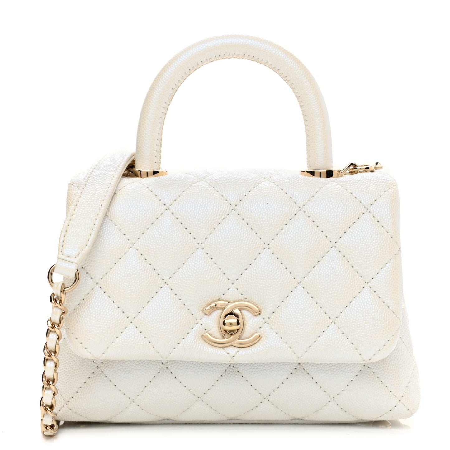 Iridescent Caviar Quilted Extra Mini Coco Handle Flap White