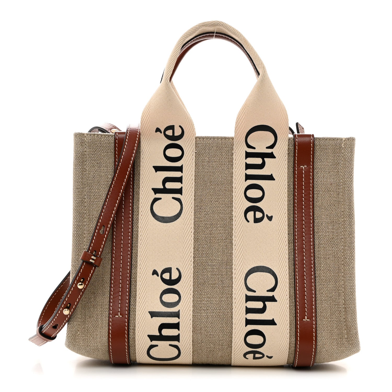 Chloe Linen Calfskin Small Woody Ribbon Tote With Strap White Brown 1 of 10