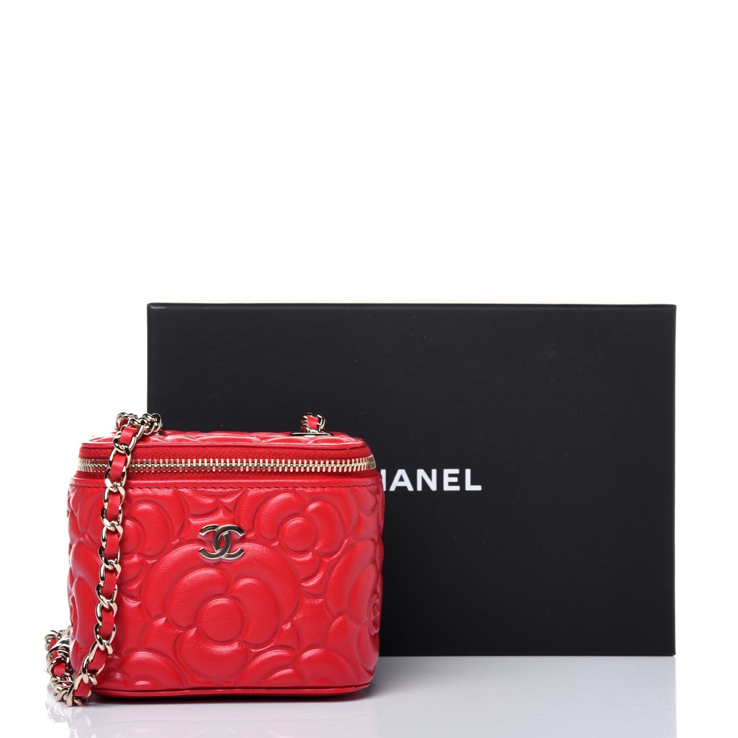 Goatskin Camellia Mini Vanity Case With Chain Red