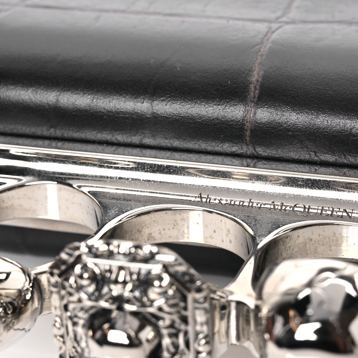 Calfskin Crocodile Embossed Knuckle Flat Zip Clutch Black