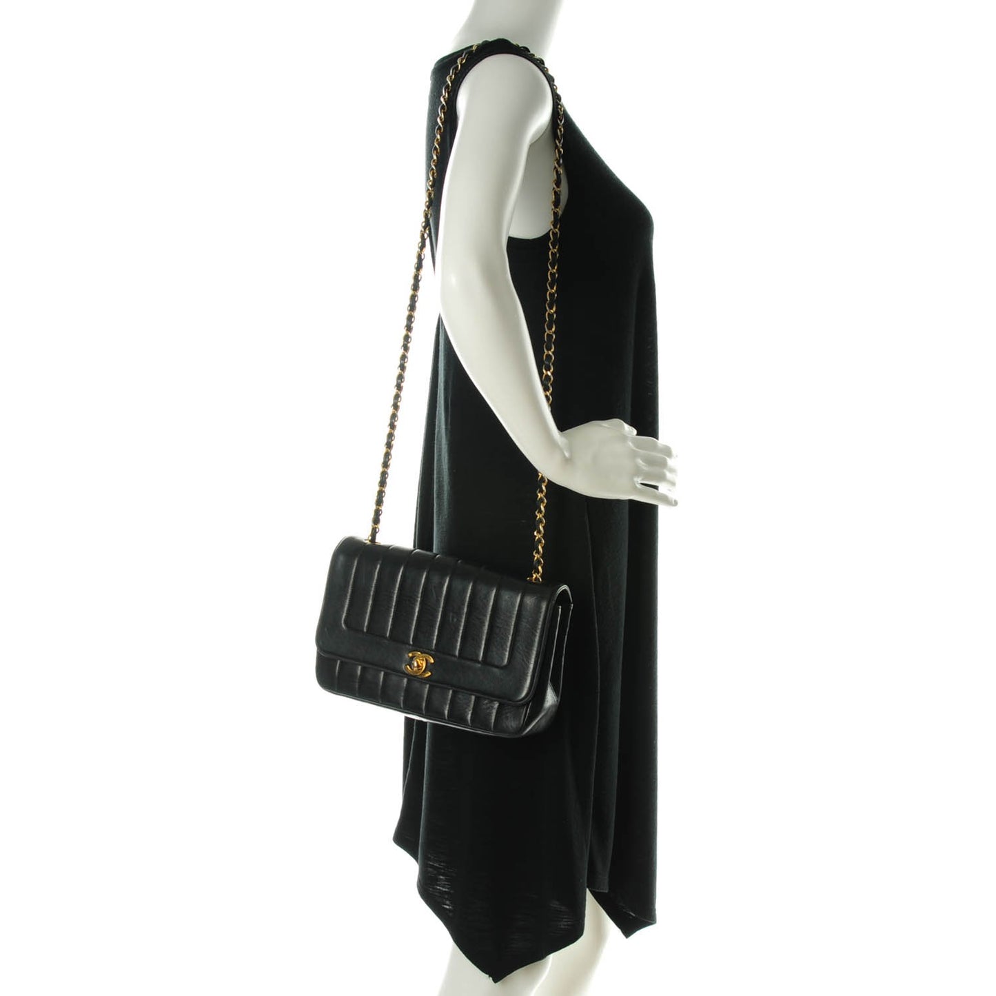 Lambskin Vertical Quilted Medium Single Flap Black