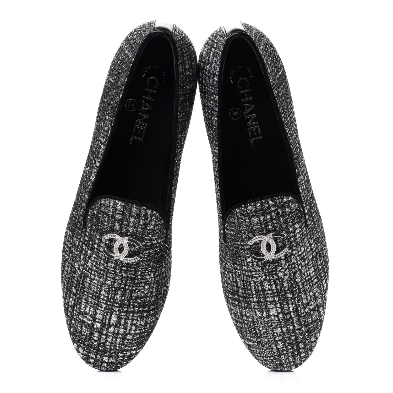 Chanel Fantasy Fabric Grosgrain CC Mocassin Loafers 41 Silver Black 5 of 9