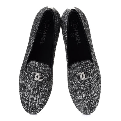 Chanel Fantasy Fabric Grosgrain CC Mocassin Loafers 41 Silver Black 5 of 9
