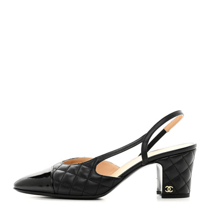 Chanel Lambskin Patent Calfskin Quilted Cap Toe CC Slingback Pumps 38 Black 1 of 8