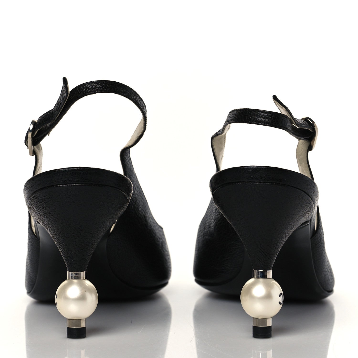 Chanel Calfskin Pearl CC Peep Toe Slingback Pumps 41 Black 5 of 9