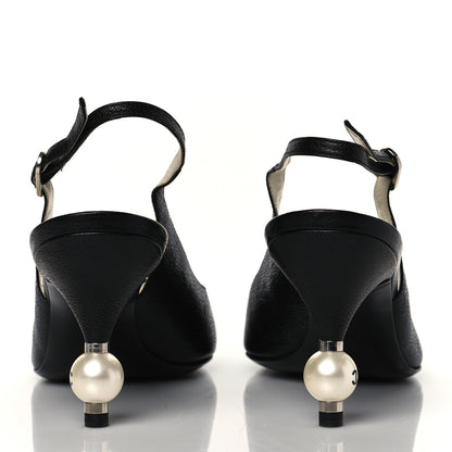 Chanel Calfskin Pearl CC Peep Toe Slingback Pumps 41 Black 5 of 9