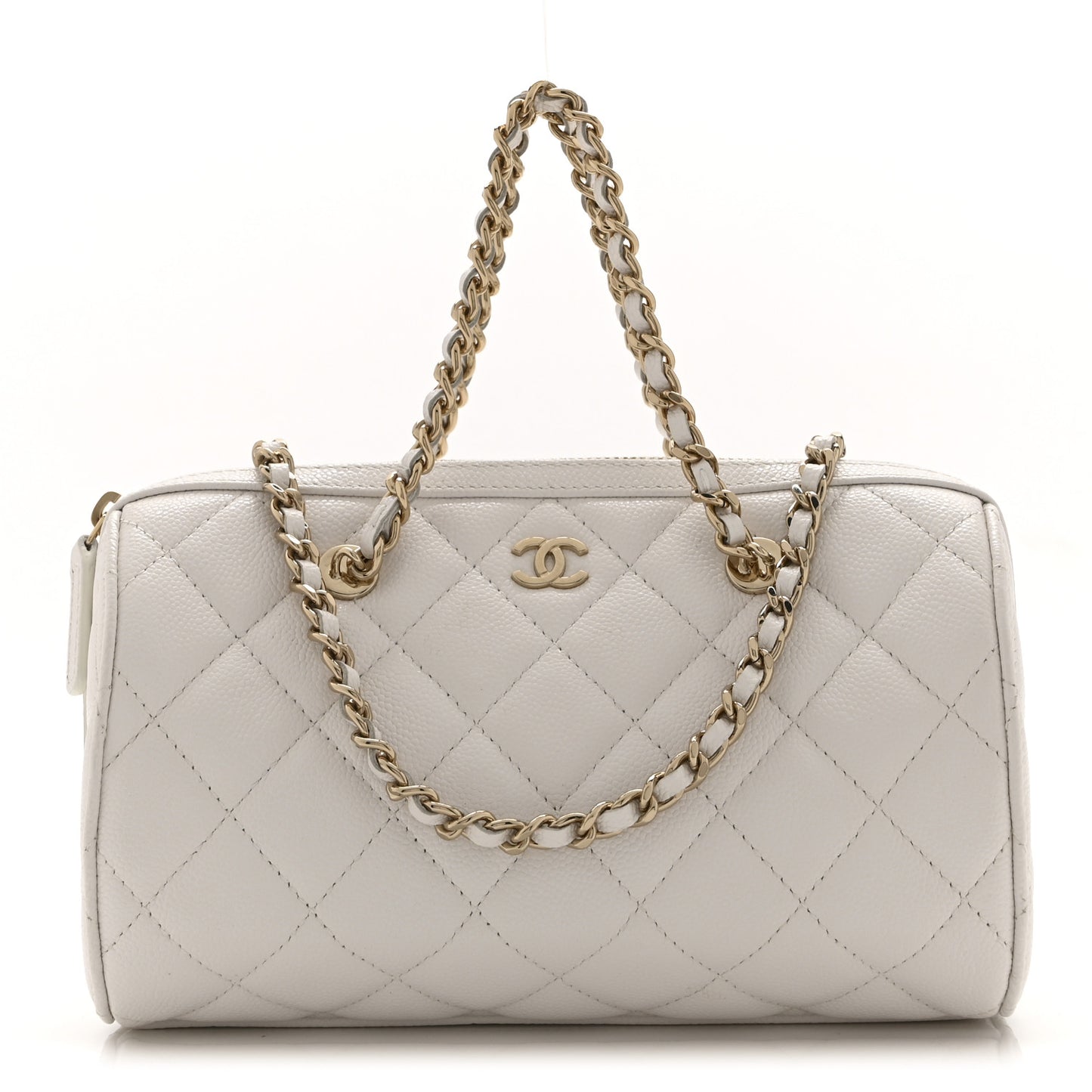 Caviar Quilted Barrel Clutch With Chain White