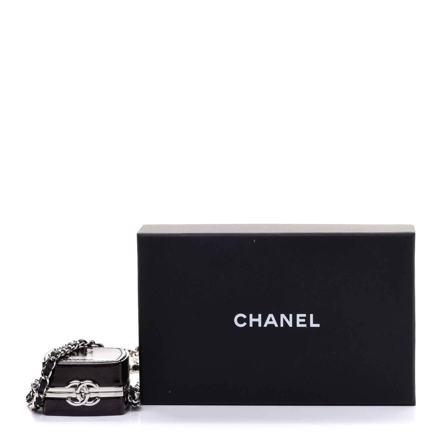 Patent Goatskin Quilted Clutch With Chain Black