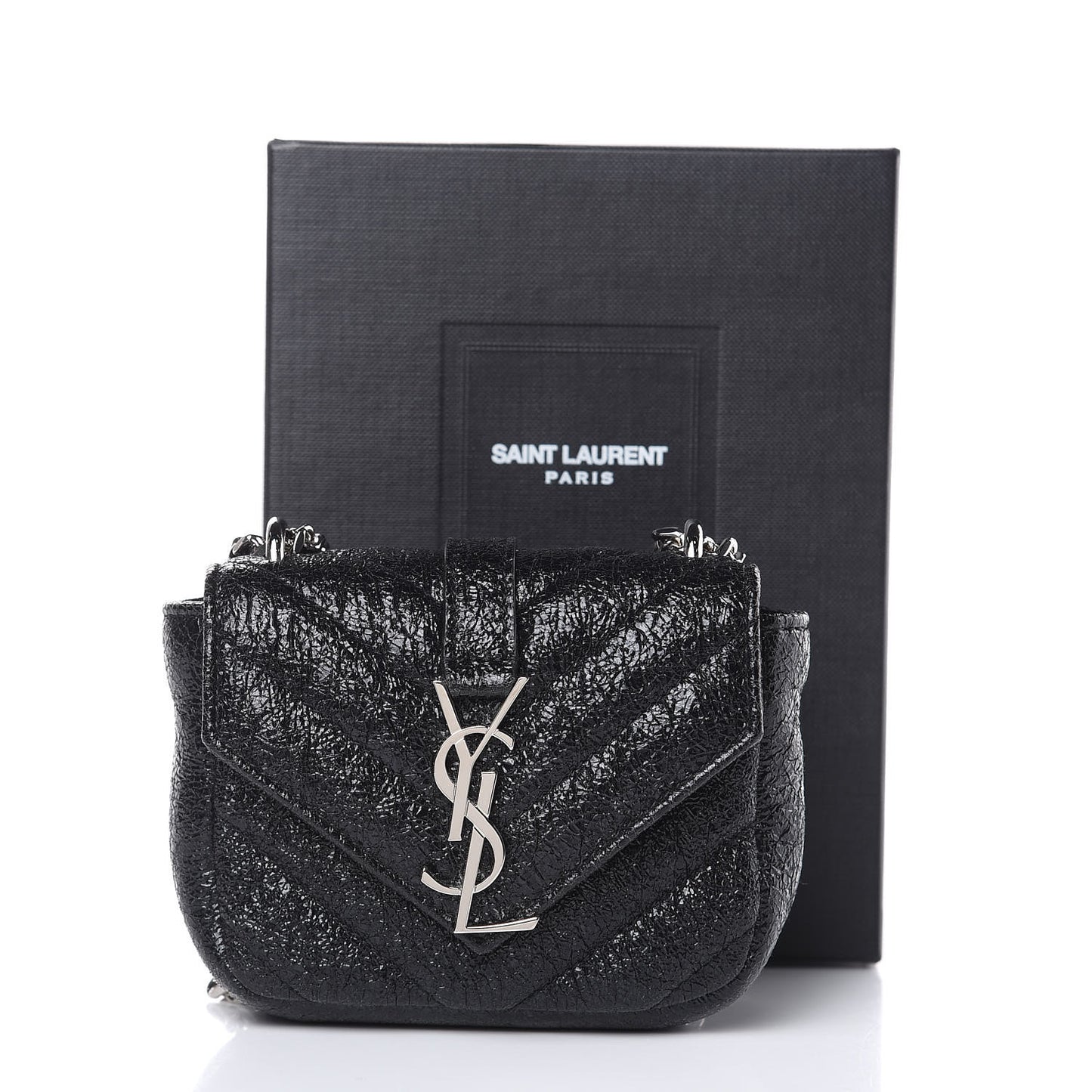 Metallic Crackled Calfskin Chevron Monogram Micro Crossbody Bag Black