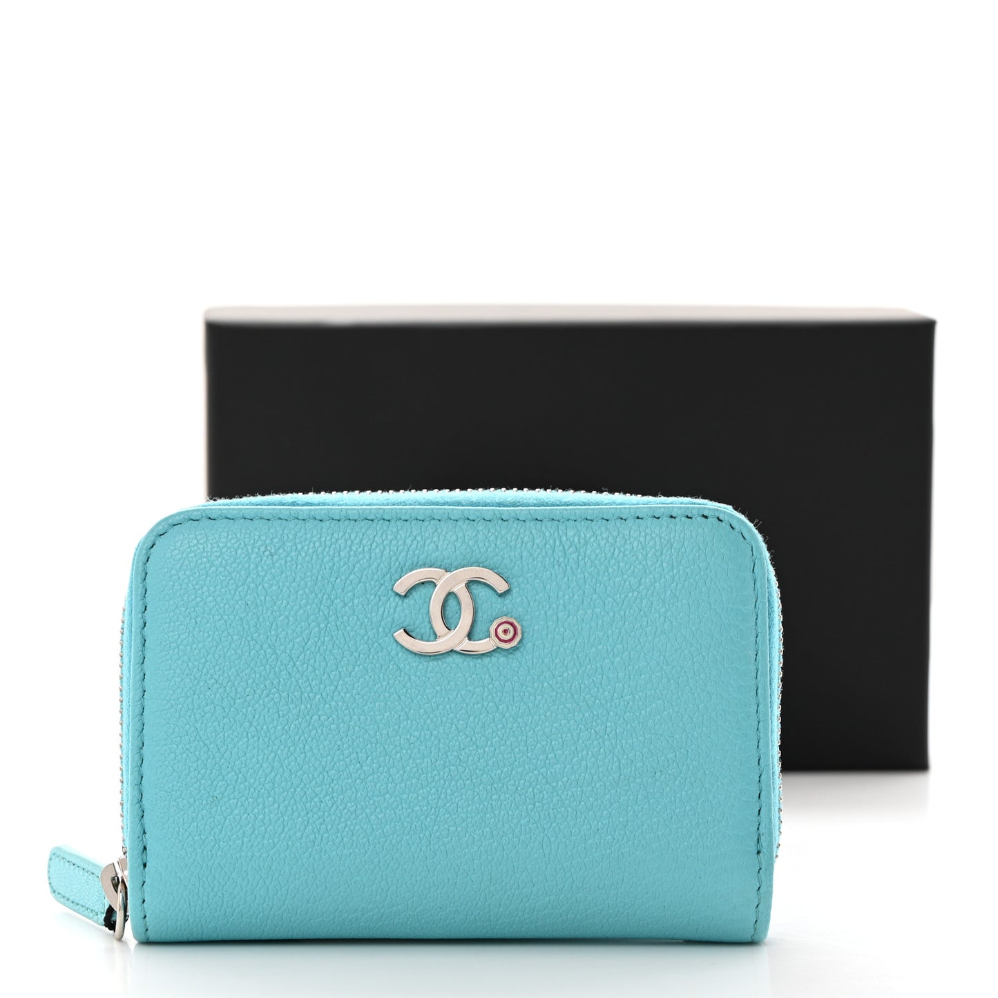Goatskin Camellia Zip Coin Purse Blue
