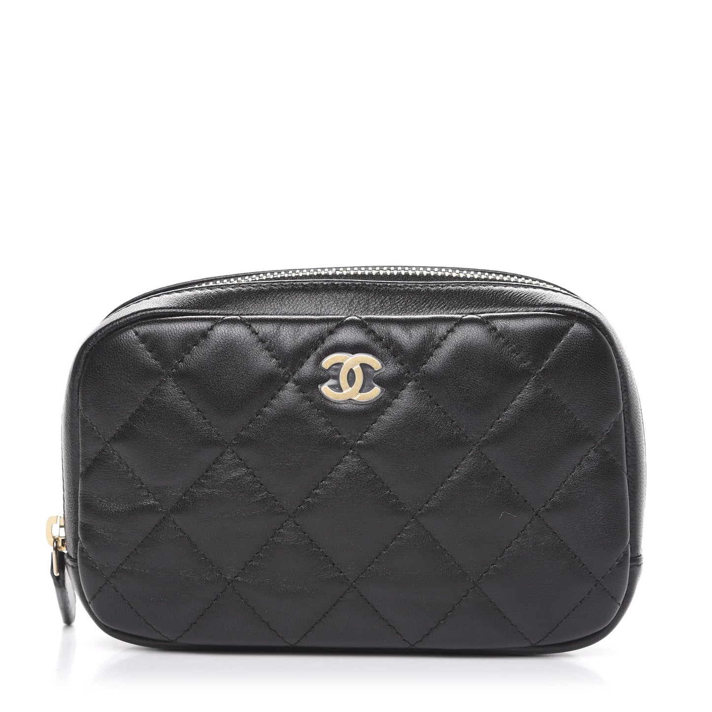 Lambskin Quilted Small Curvy Pouch Cosmetic Case Black