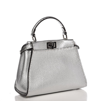 Fendi Cuoio Romano Lux Selleria Mini Peekaboo Iconic Satchel Argento 3 of 7