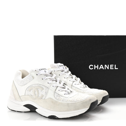 Chanel Painted Iridescent Cotton Tweed Suede Womens CC Sneakers 41 White Silver Multicolor 10 of 10