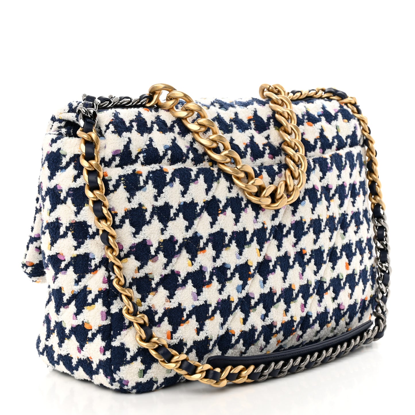 Tweed Quilted Maxi Chanel 19 Flap Ecru Navy Blue Multicolor