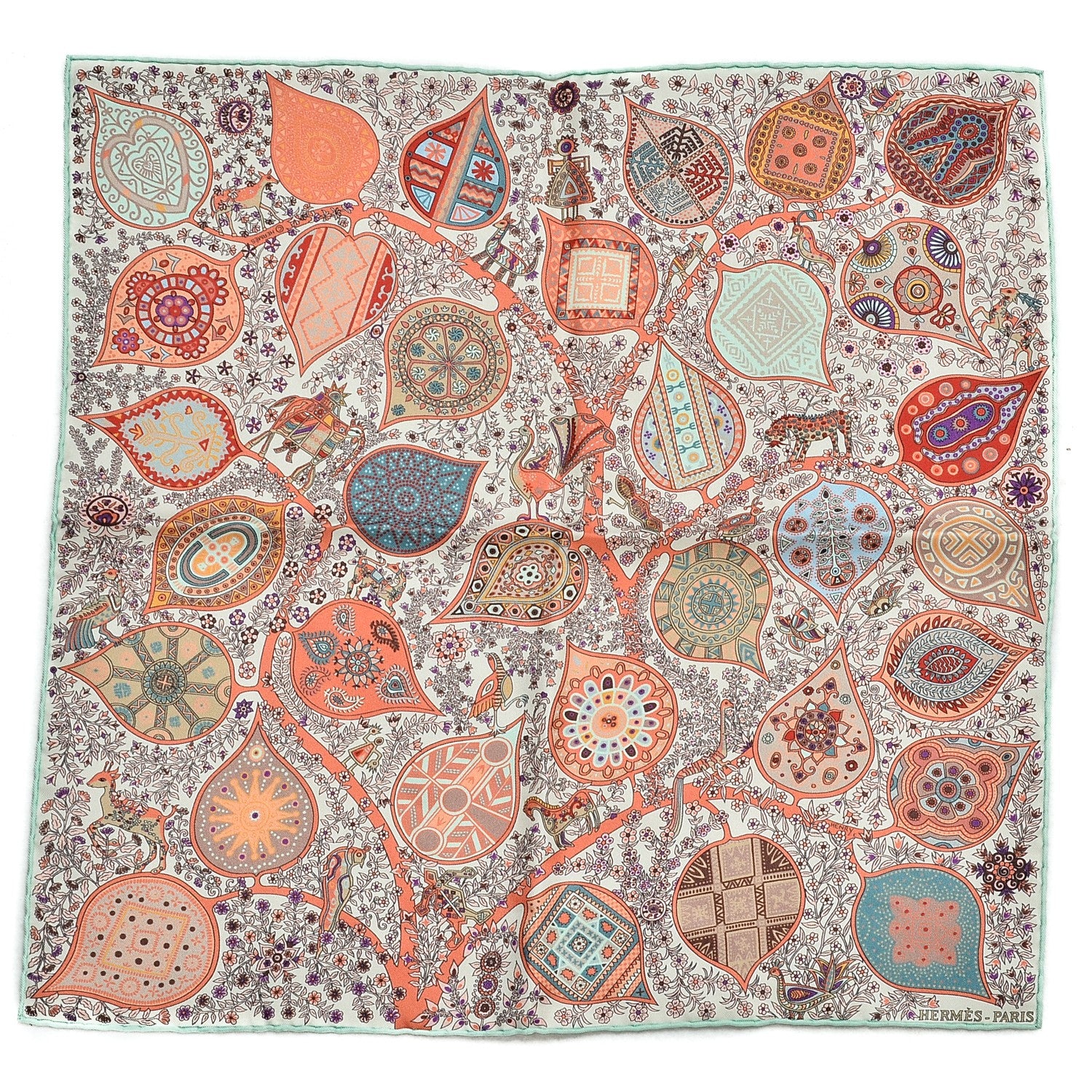 Hermes Silk L'Arbre de Vie Pocket Square Scarf Ivory Corail Aqua 1 of 6