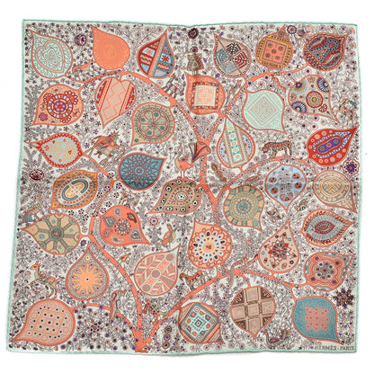Hermes Silk L'Arbre de Vie Pocket Square Scarf Ivory Corail Aqua 1 of 6