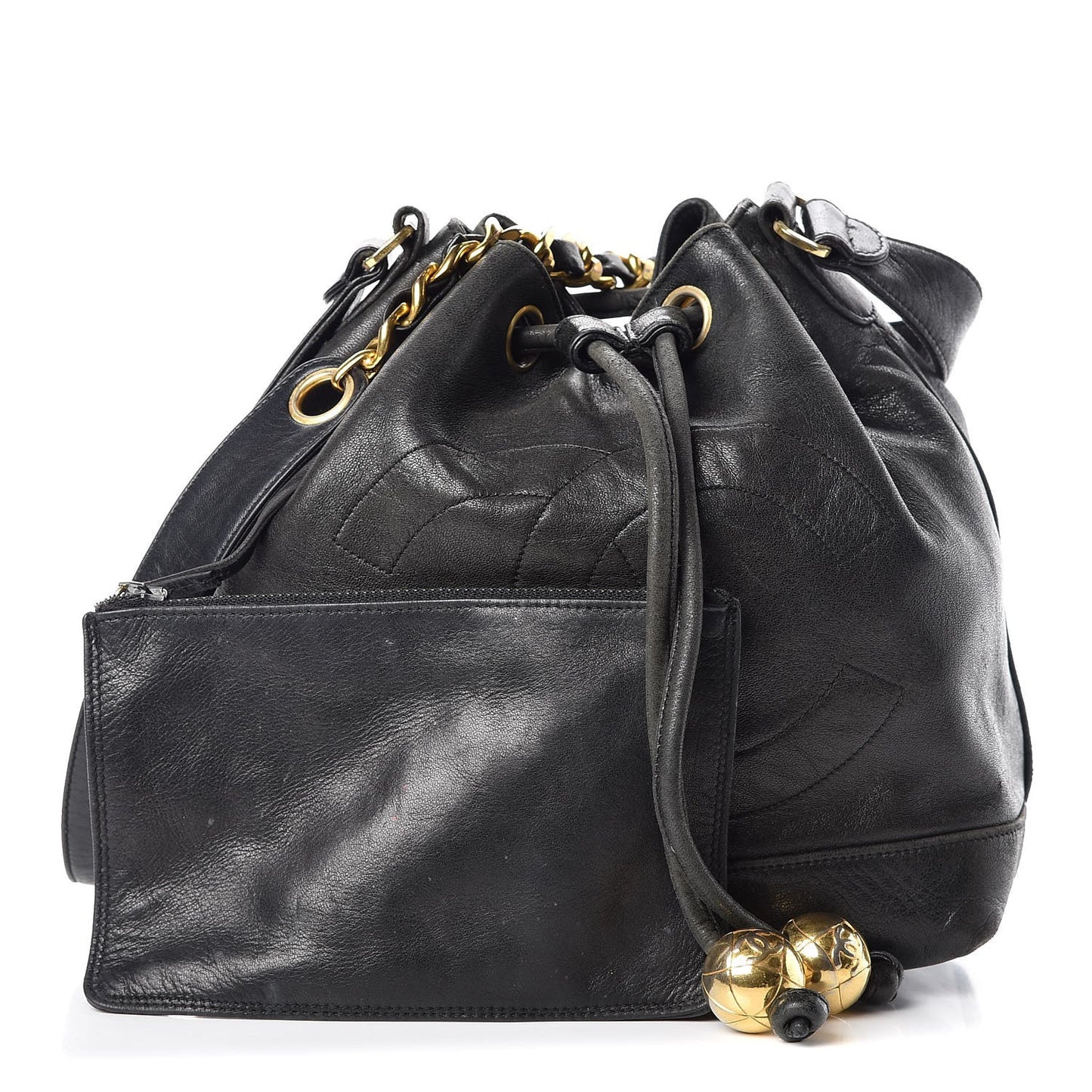 Lambskin CC Drawstring Shoulder Bag Black