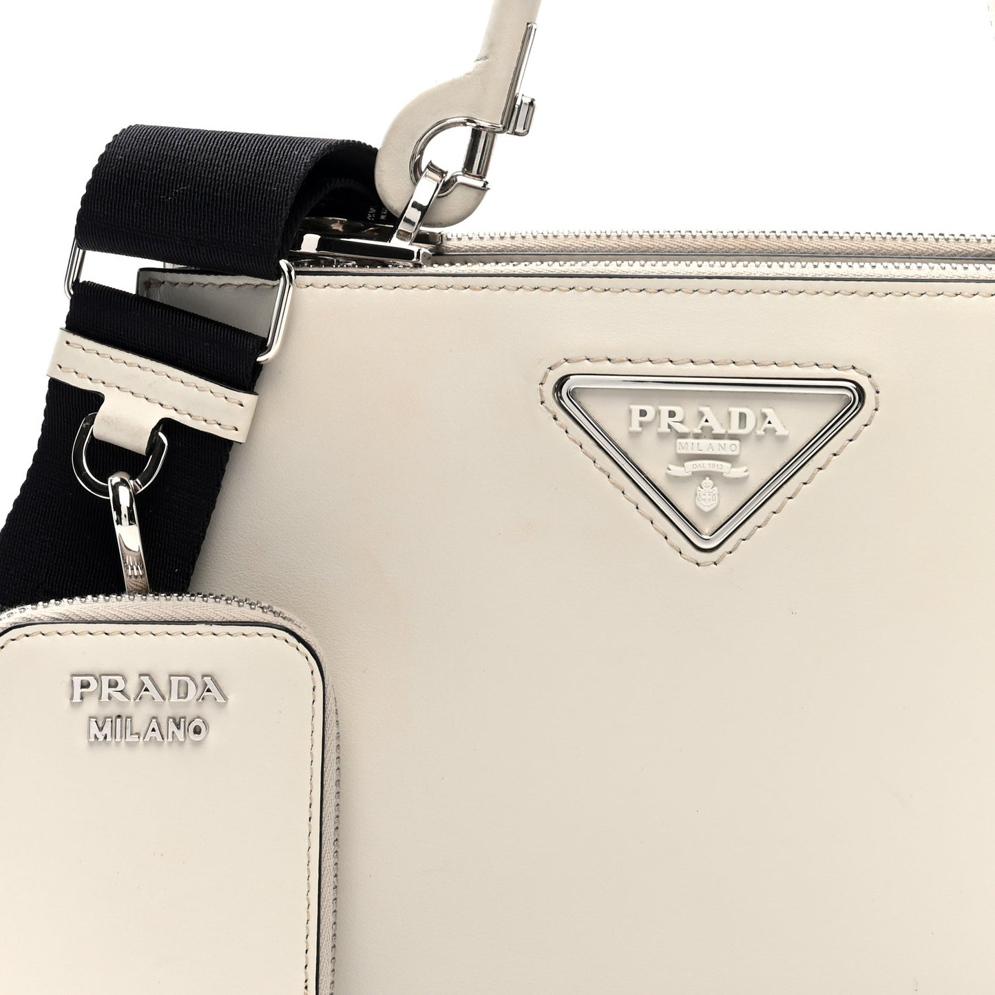 Brushed Calfskin Double Zip Crossbody White