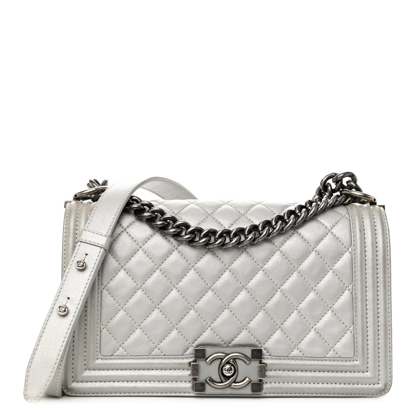 Metallic Lambskin Quilted Medium Boy Flap Silver