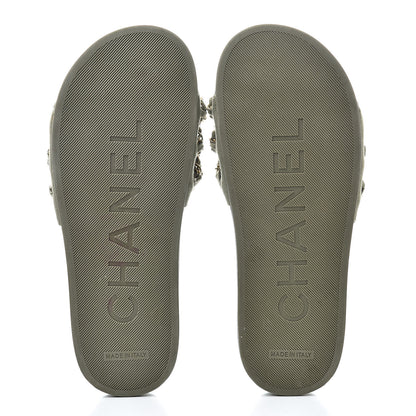 Chanel Canvas Chain Flat Sandals 37 Khaki 5 of 9