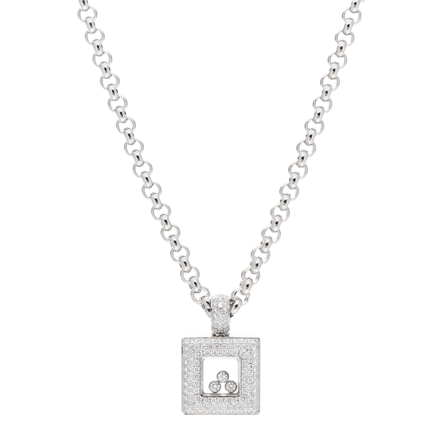 Chopard 18K White Gold Diamond Happy Diamonds Square Pendant Necklace 1 of 4