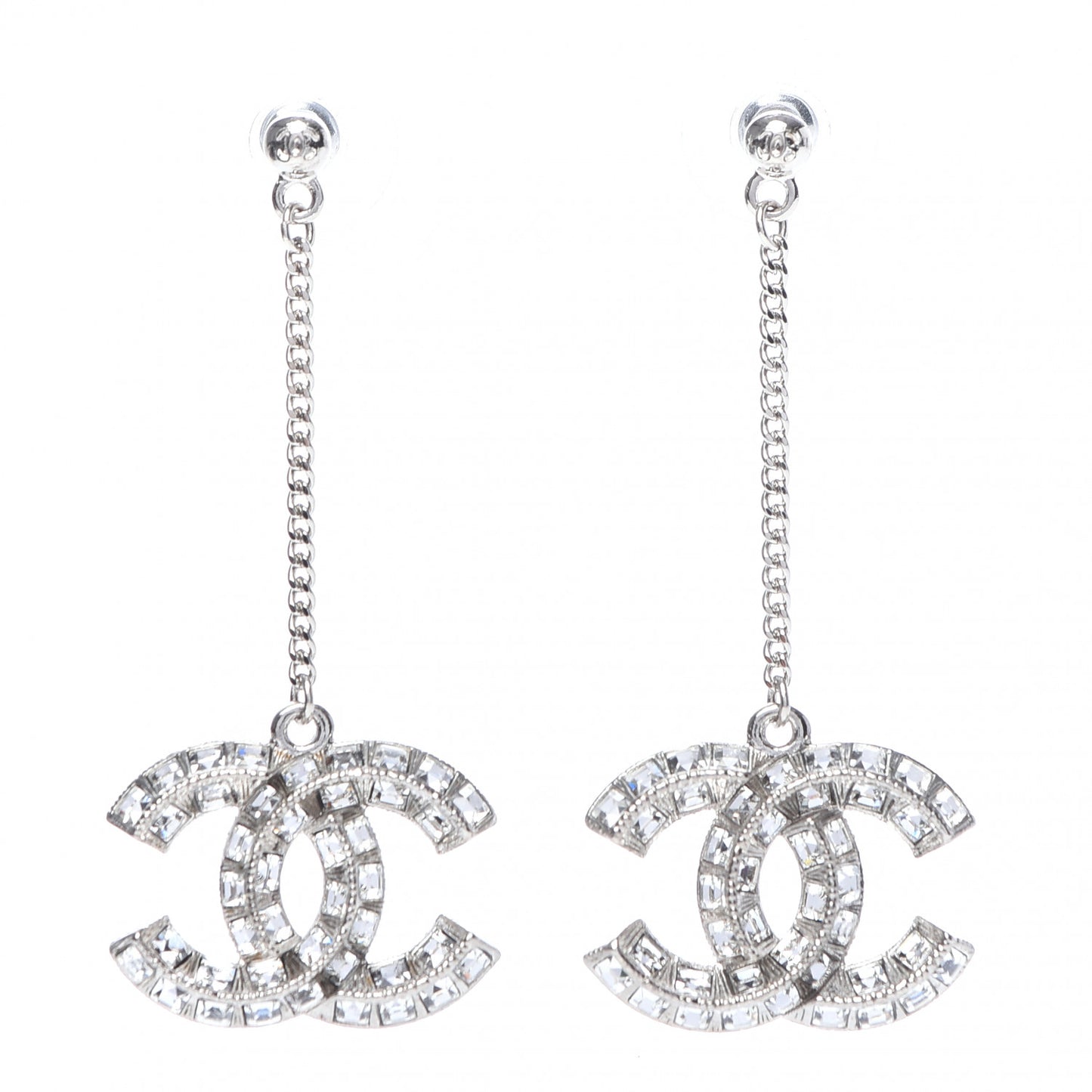 Baguette Crystal CC Drop Earrings Silver