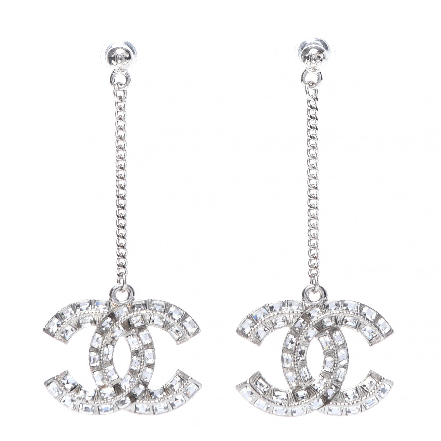 Chanel Baguette Crystal CC Drop Earrings Silver 1 of 4