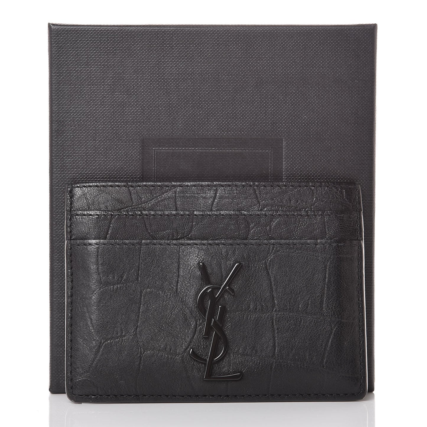 Calfskin Crocodile Embossed Monogram Credit Card Case Black