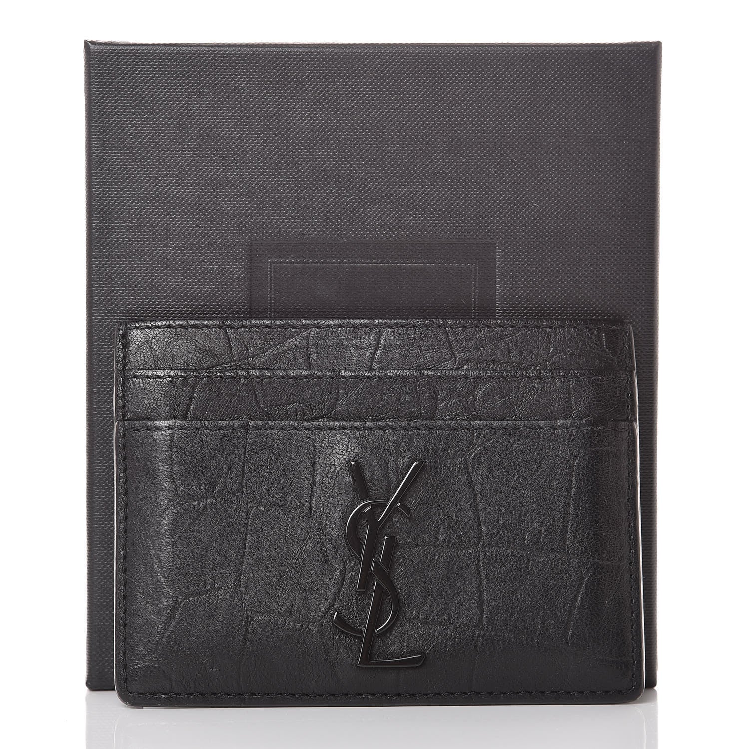 Saint Laurent Calfskin Crocodile Embossed Monogram Credit Card Case Black 12 of 12