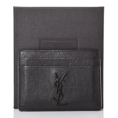 Saint Laurent Calfskin Crocodile Embossed Monogram Credit Card Case Black 12 of 12