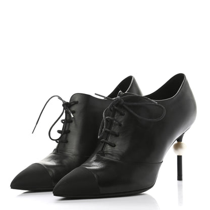 Chanel Lambskin Grosgrain Pearl Oxford Lace Up Ankle Booties 35.5 Black 3 of 10