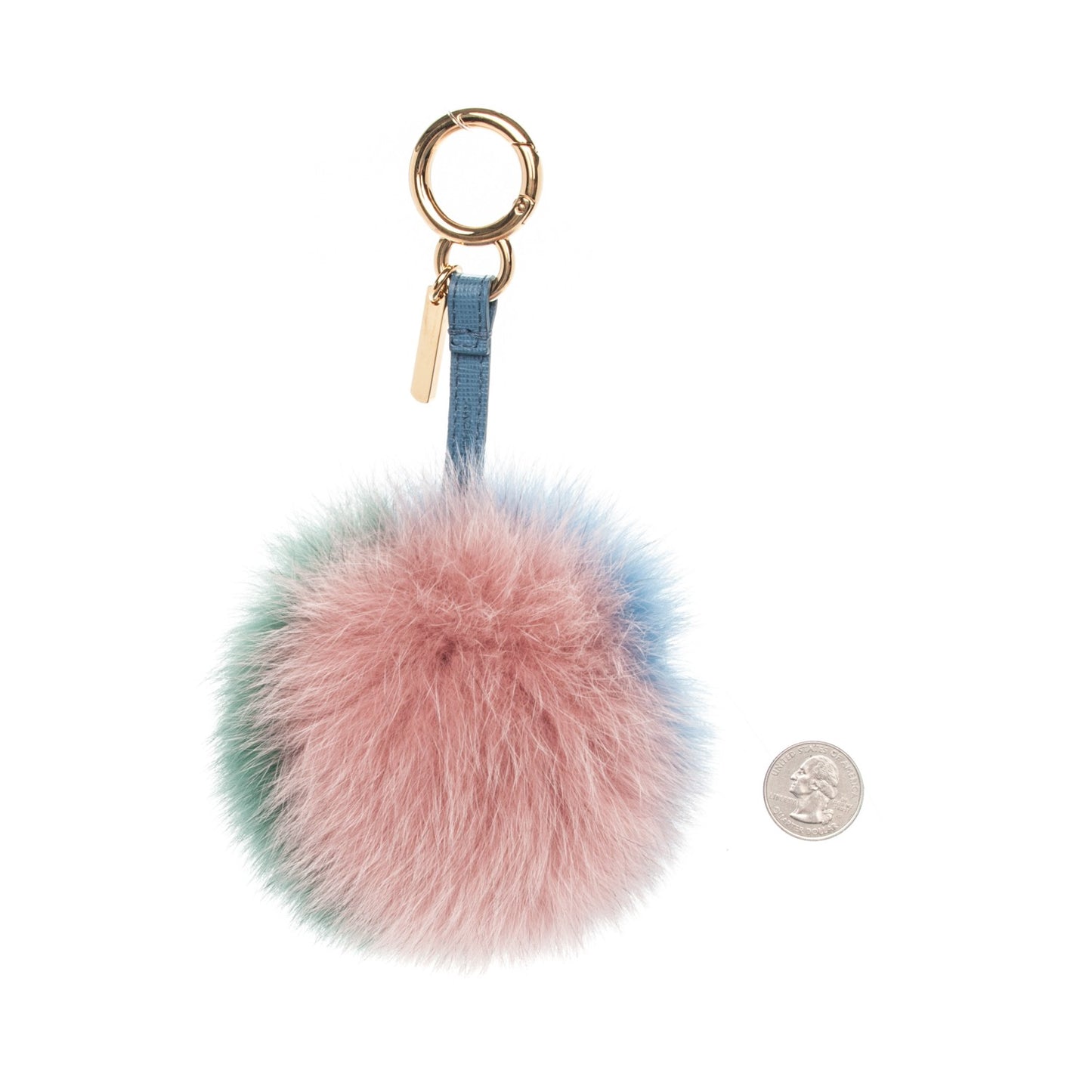 Fox Fur Vitello Elite Tri-Color Pom Pom Bag Charm Pink Nebula Acqua Ceruleo