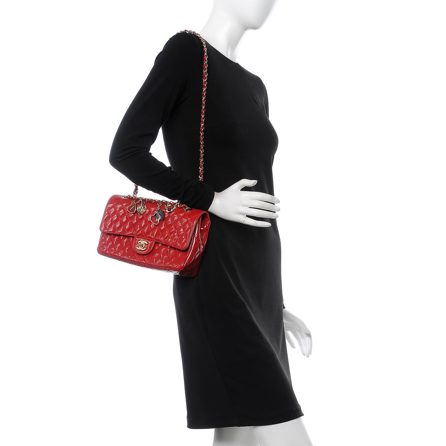 Patent Calfskin Quilted Valentine Charms Medium Single Flap Red
