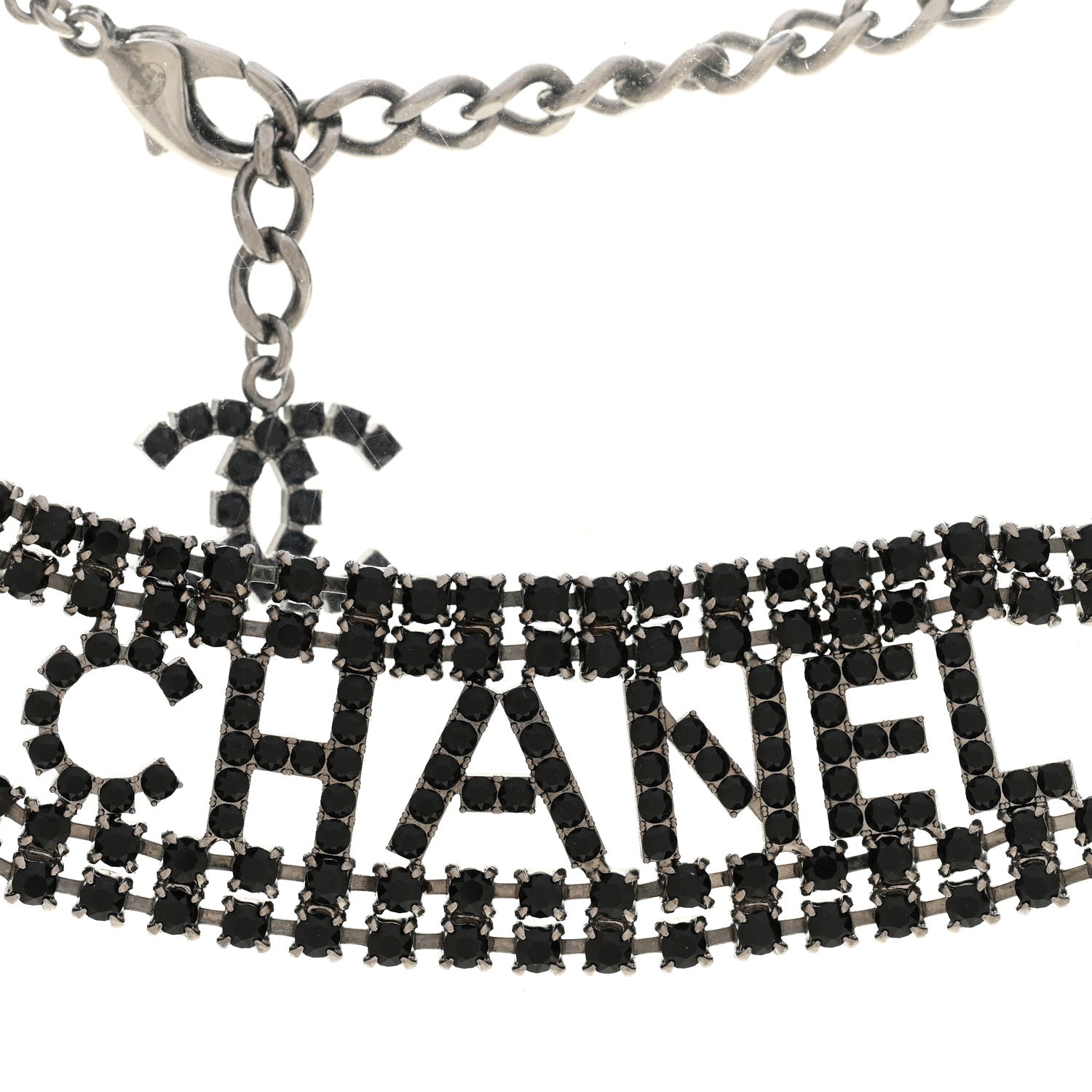 Chanel Crystal CC Logo Choker Necklace Silver Black 4 of 5